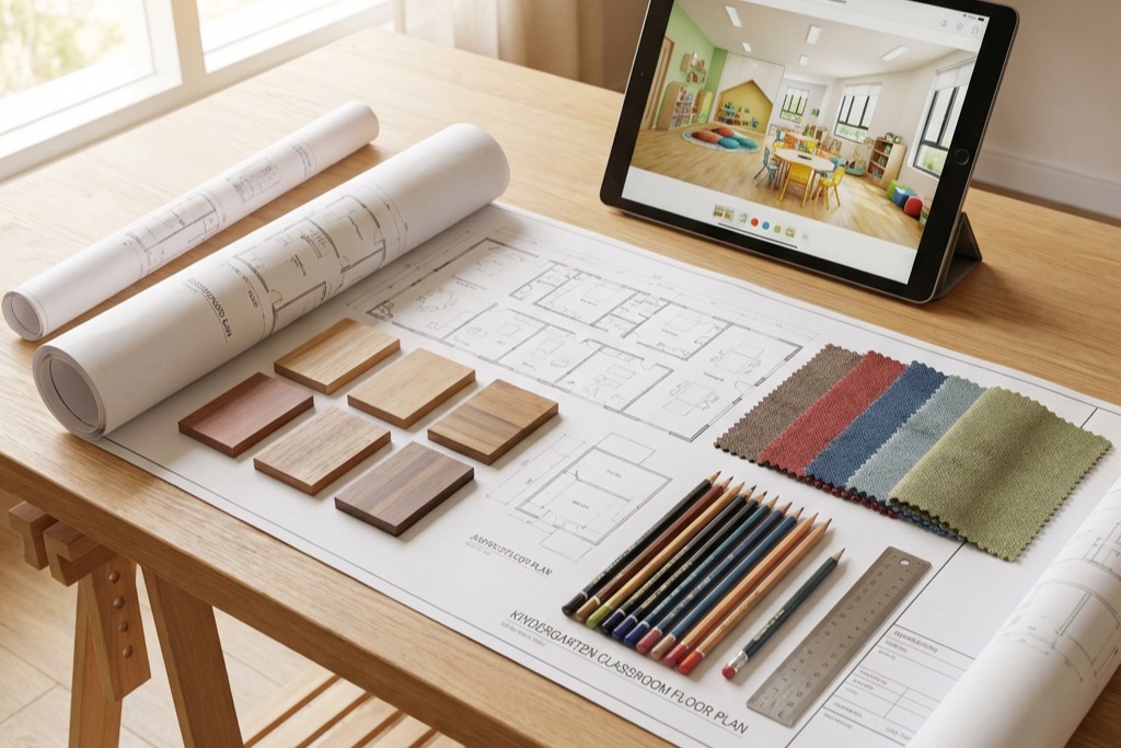 Childcare centre design process — floor plans, material samples, and classroom rendering on tablet