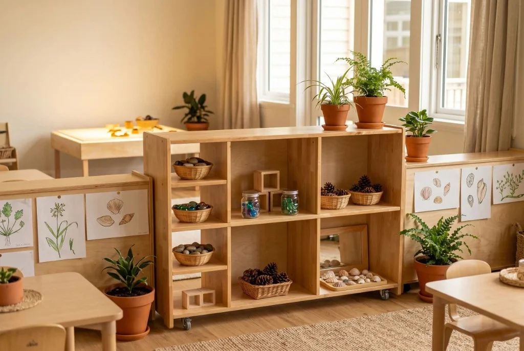 Light wood display shelving unit on castors with baskets, natural materials, and loose-part trays in a bright early learning room