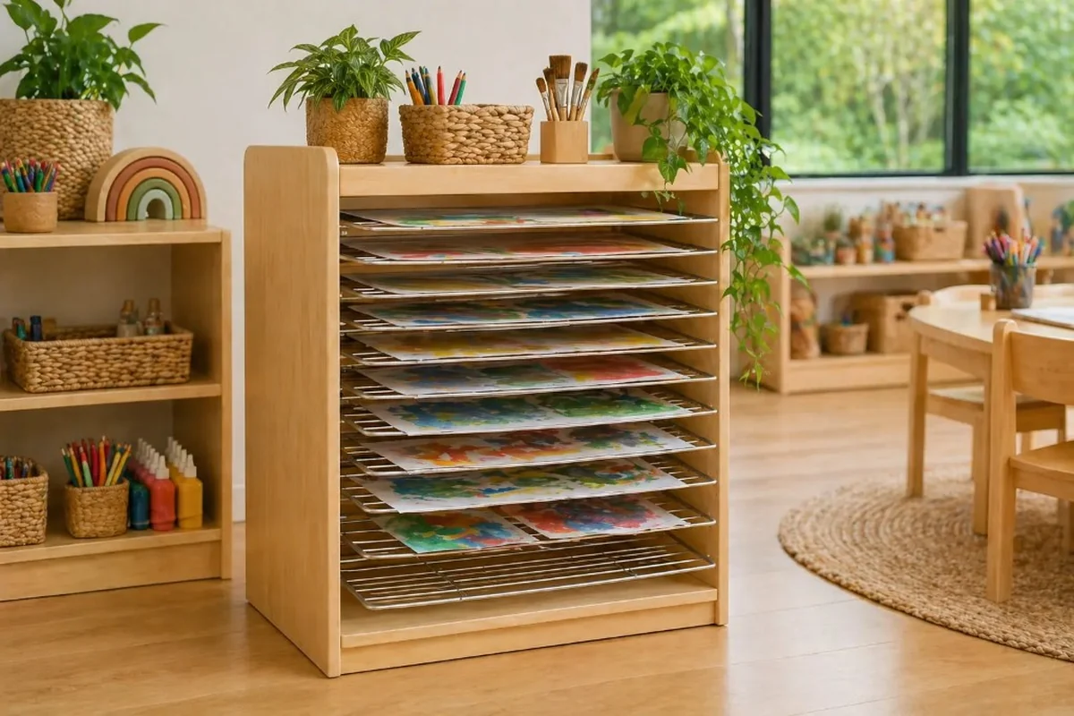 Light timber art drying rack with metal shelves and colourful paintings in a bright NZ early learning art space