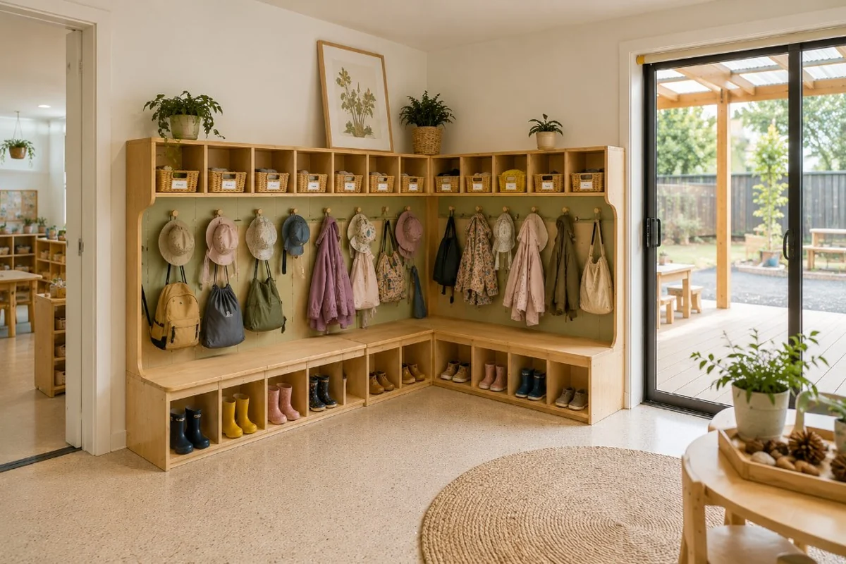 Light timber coat and entry storage with hooks, backpacks, sun hats, basket cubbies, and gumboot bench seating beside a bright NZ early learning entrance