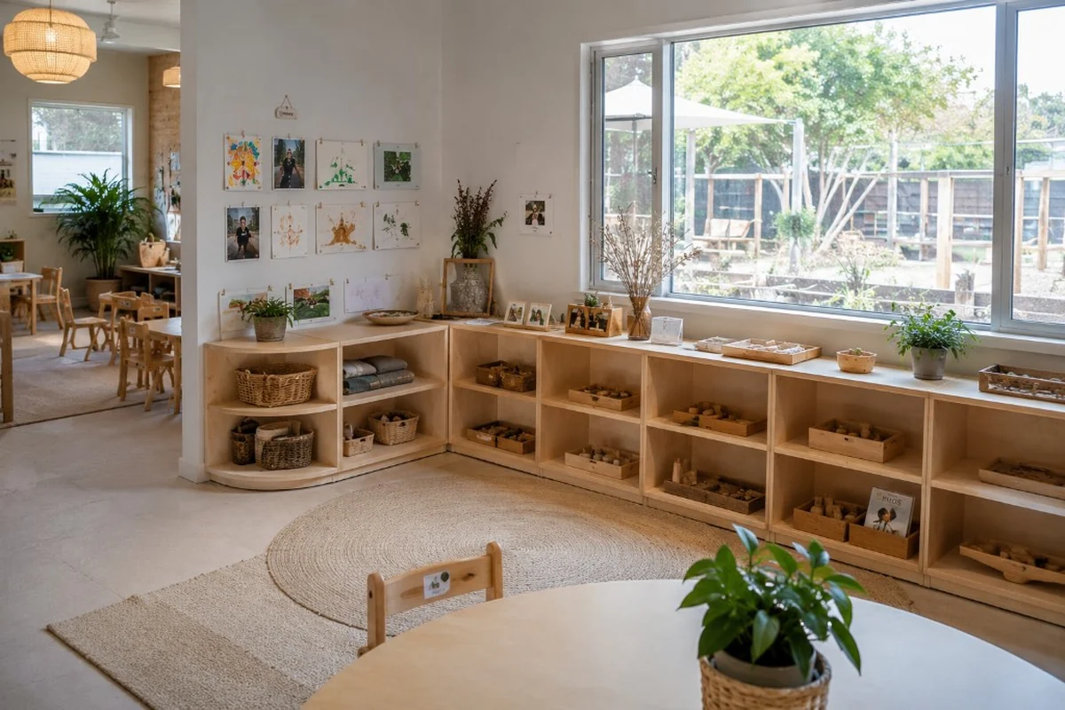 Light timber corner and curved modular storage with baskets, trays, and open shelves wrapping an L-shaped bay in a bright NZ early learning classroom