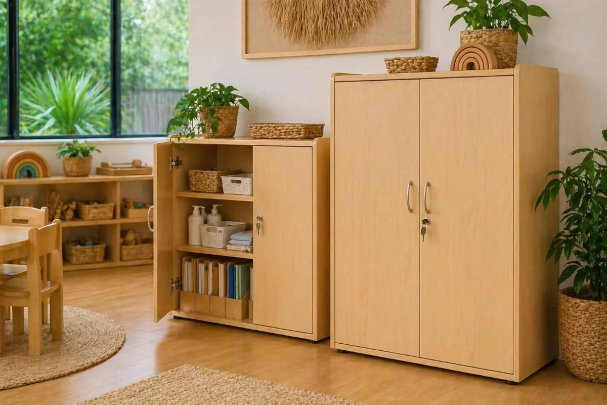 Light timber lockable centre cabinets with secure doors and resource shelving in a bright NZ early learning classroom