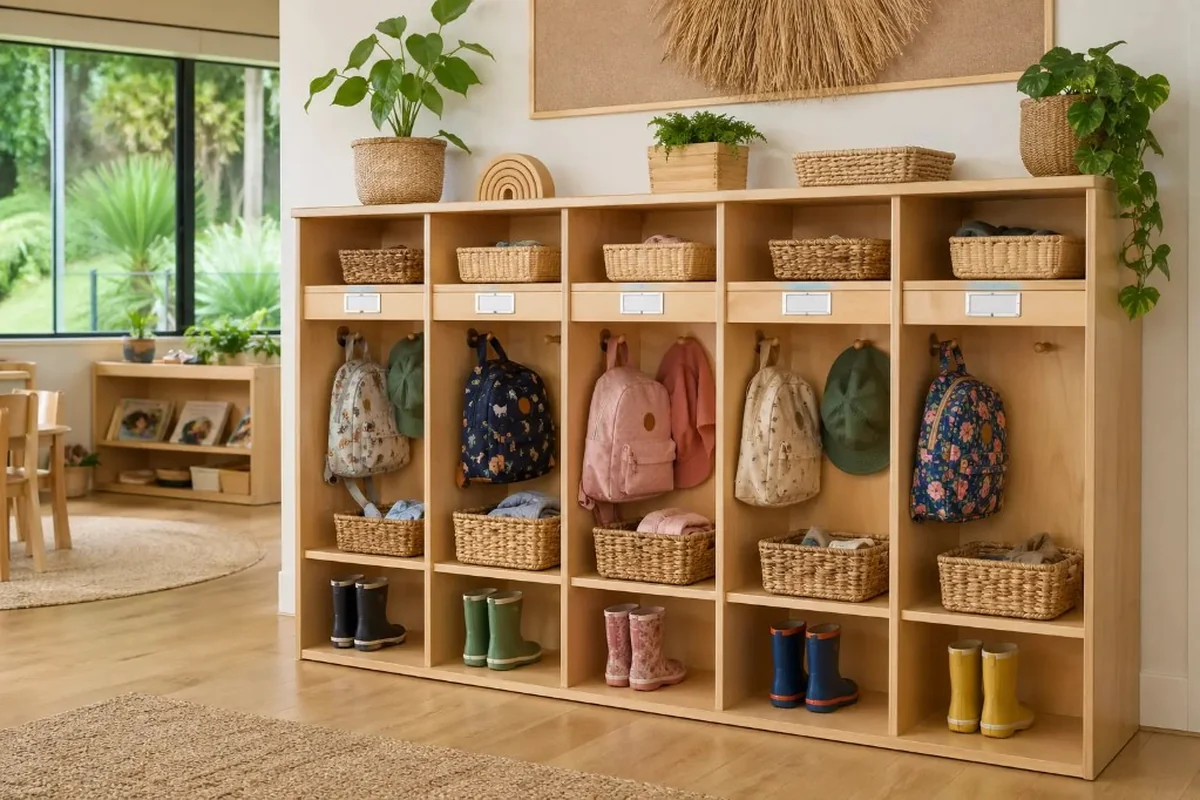 Light timber locker cubbies with hooks, baskets, backpacks, and gumboots in a bright NZ early learning classroom
