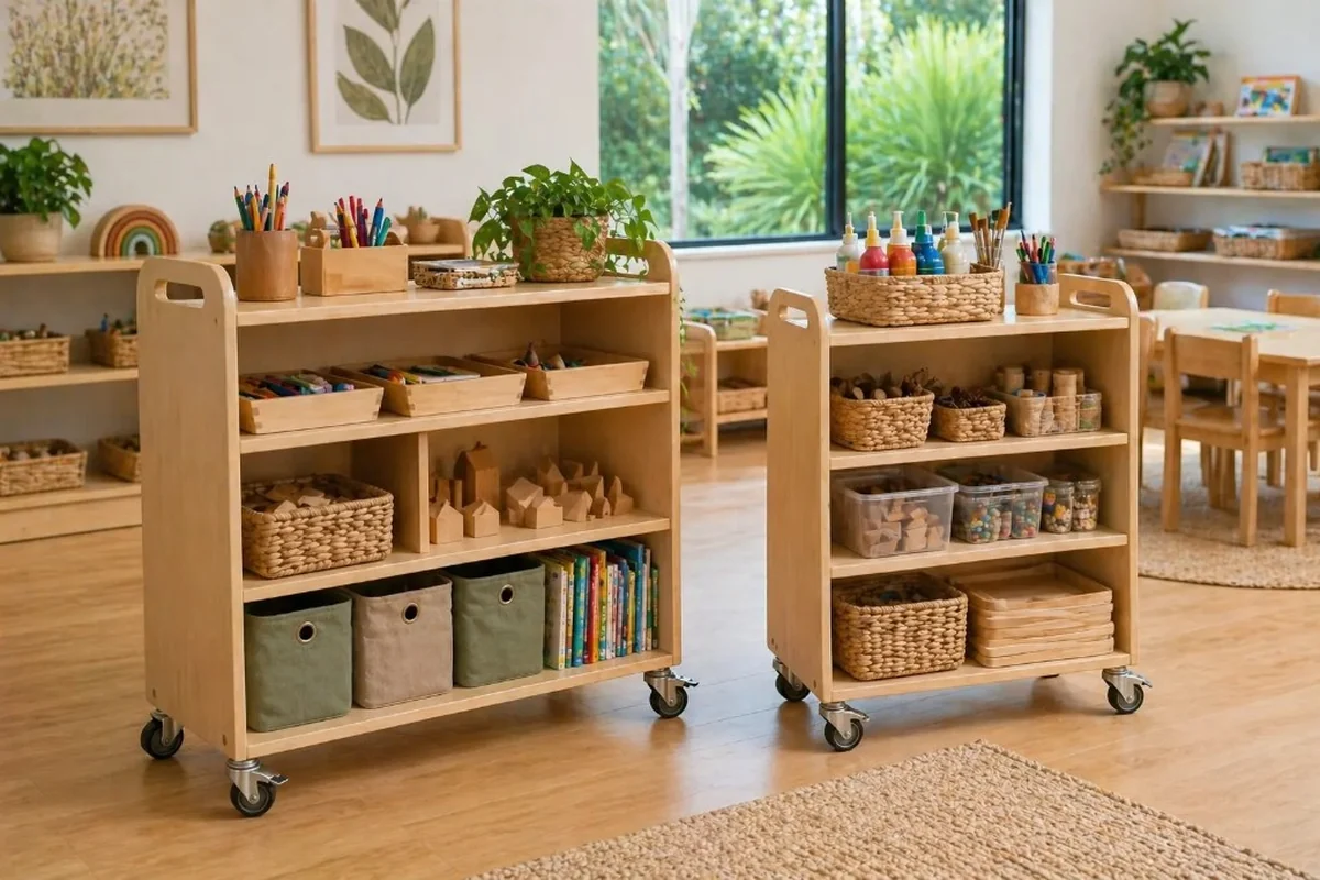 Light timber mobile storage trolleys with castors, baskets, books, art supplies, and loose parts in a bright NZ early learning classroom