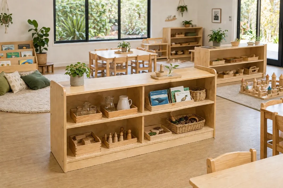 Low timber room divider storage with books, baskets, and activity trays defining zones in a bright NZ early learning classroom
