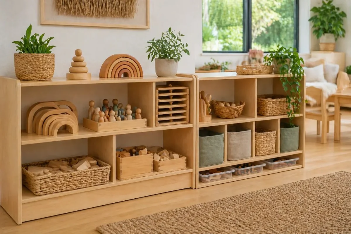 Light timber toy storage units with baskets, trays, loose parts, and wooden learning materials in a bright NZ early learning classroom
