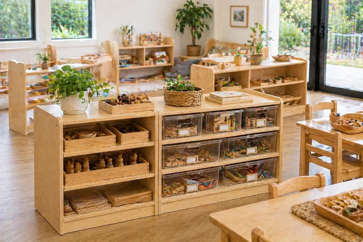 Light timber tray and clear-front storage units with transparent drawers and sorted learning materials in a bright NZ early learning classroom
