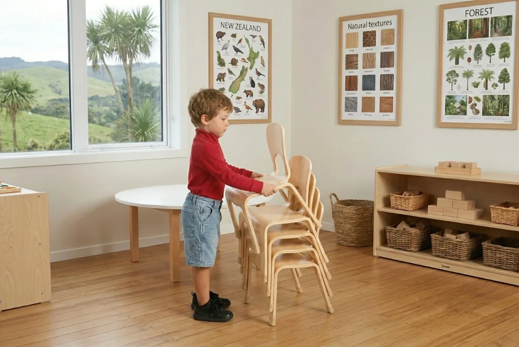 Light timber bentwood-style early learning chairs stacked near a white circular table in a bright NZ-style room