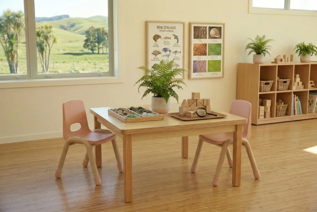 Early learning chairs with soft pink molded seats and light timber legs at a wooden table in a bright NZ-style room