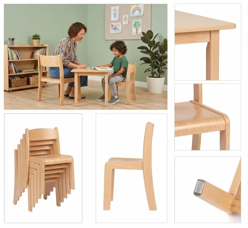 Collage of natural timber early childhood table and chairs showing rounded corners, chair profile, stacked chairs, floor glides, and furniture in use