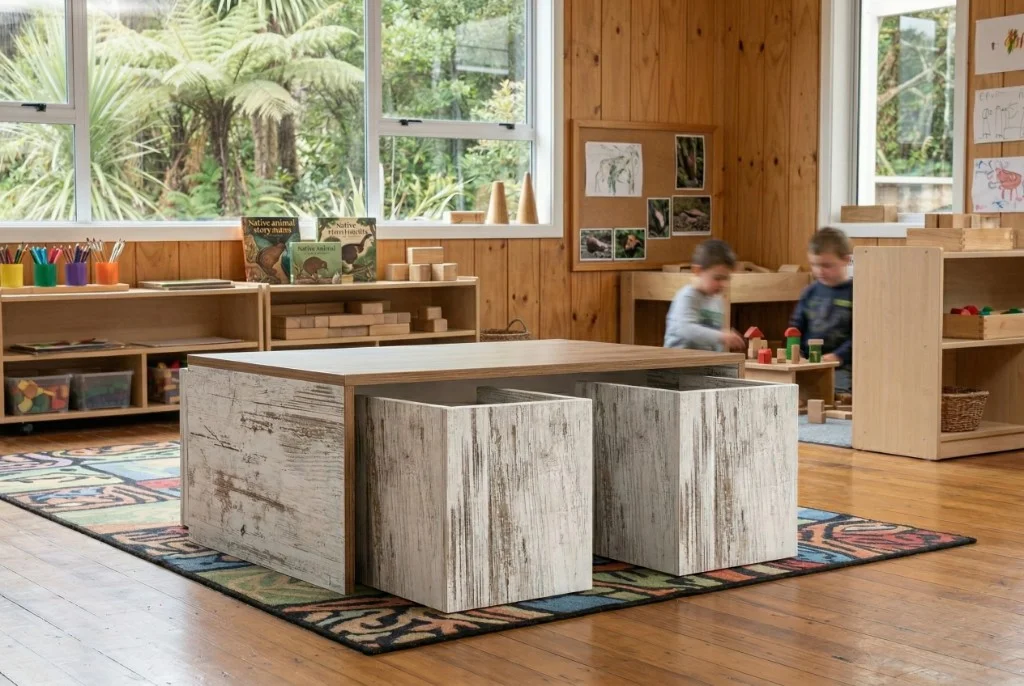 Low activity table with easy-clean wood-look cube seating tucked underneath in a bright NZ early learning room