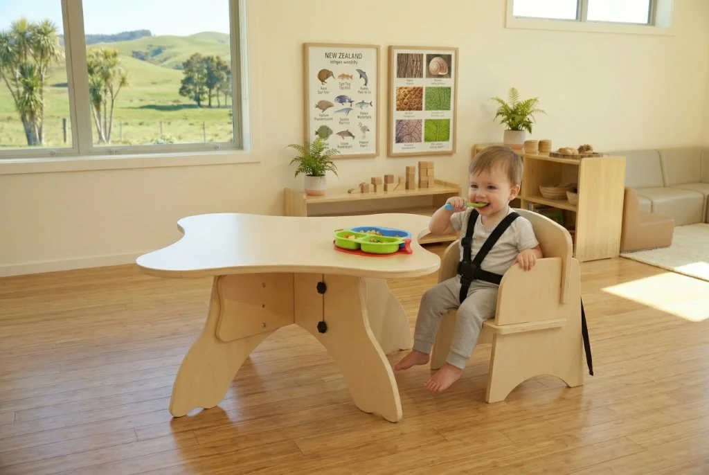 Flower-shaped height-adjustable early learning table with timber progression legs and matching progression chair in a bright NZ-style room