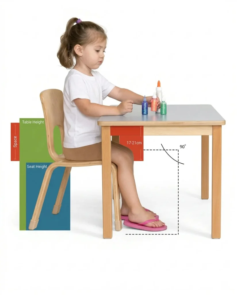 Ergonomic guide showing seat height, table height, and leg clearance with colour-coded overlays and a child seated at a wooden table