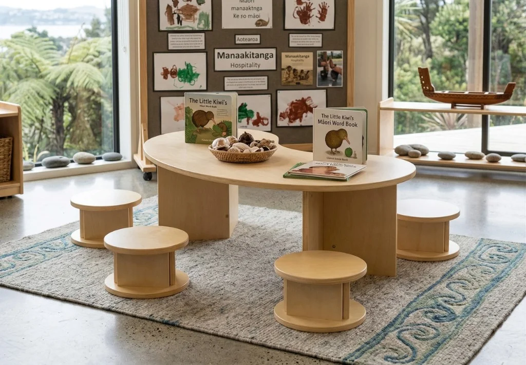 Low round natural timber stools around an organic-shaped wooden table in a bright NZ early learning room