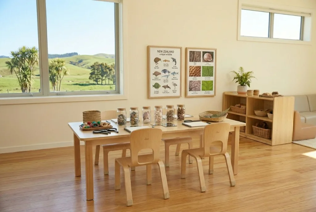 Rectangular timber early learning table with four matching chairs in a bright NZ-style room overlooking native landscape