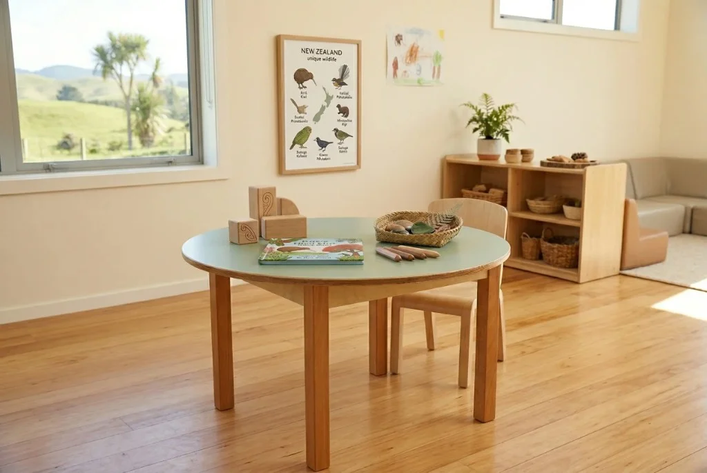 Round early learning table with sage green top and timber legs in a bright NZ-style classroom with natural materials
