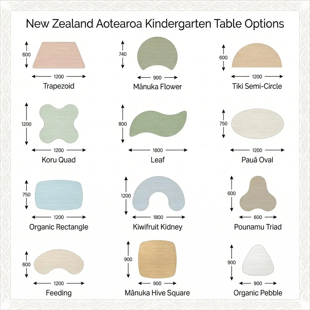 Chart of twelve kindergarten table top options for New Zealand centres, with named shapes and dimensions in millimetres