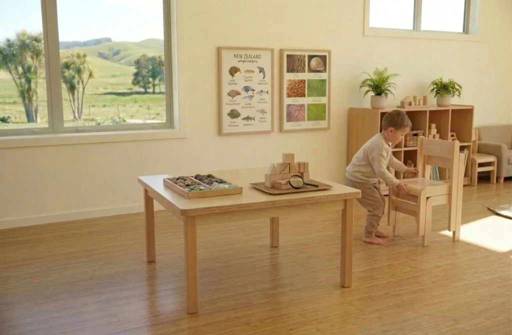 Light timber stackable early learning chairs nested beside a wooden table in a bright NZ-style room