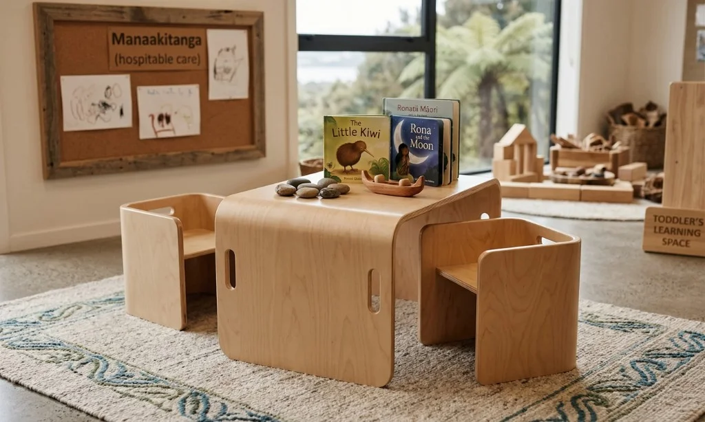 Low toddler-sized plywood chairs with back cutouts at a matching low table in a bright NZ early learning space