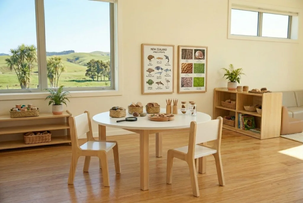 Child-sized white circular table with timber legs and matching chairs in a bright NZ-style early learning room