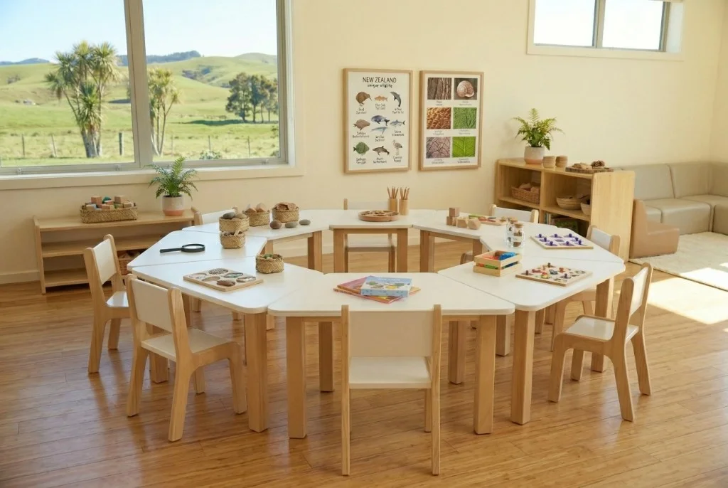 White trapezoidal early learning tables with timber legs arranged in a ring with matching chairs in a bright NZ-style room