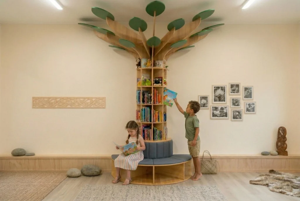 Tree-shaped timber bookshelf with tiered cubbies, canopy detail, and built-in bench; children choosing books in a bright early learning reading nook